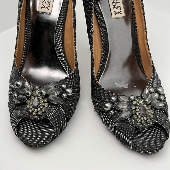 Badgley Mischa Monique Metallic Black Jeweled Peep Toe Heels Shoes Size 7.5 - Picture 4 of 14